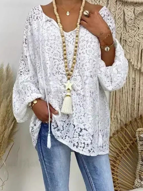 Womens Lace Trim Batwing Sleeve Blouse