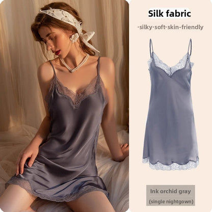 Womens Lace Trim Ice Silk Sleepwear Nightdress
