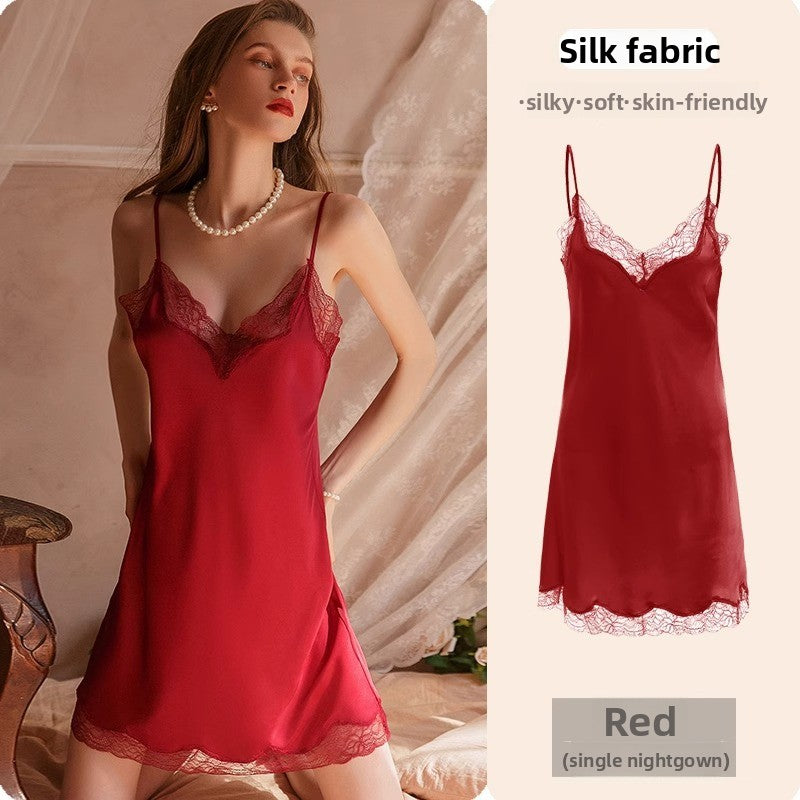 Womens Lace Trim Ice Silk Sleepwear Nightdress
