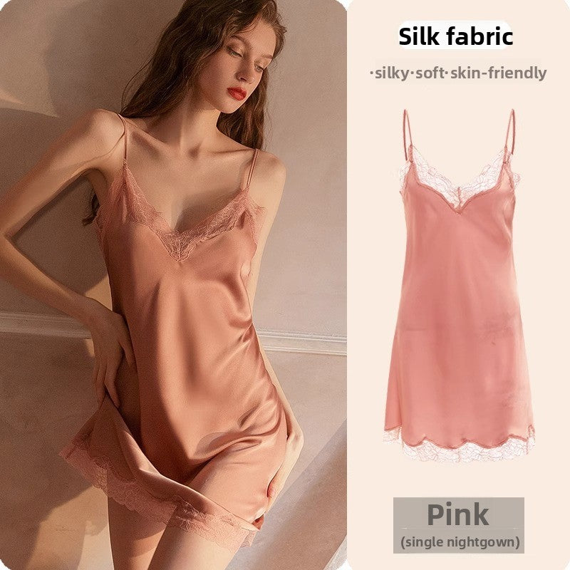 Womens Lace Trim Ice Silk Sleepwear Nightdress