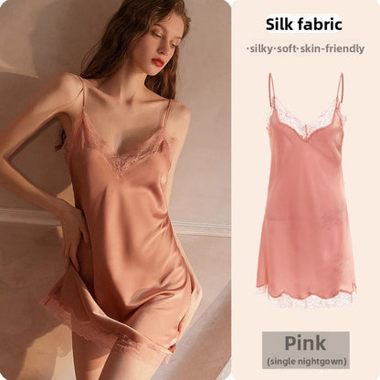 Womens Lace Trim Ice Silk Sleepwear Nightdress