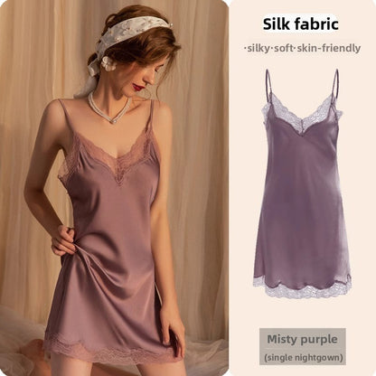 Womens Lace Trim Ice Silk Sleepwear Nightdress