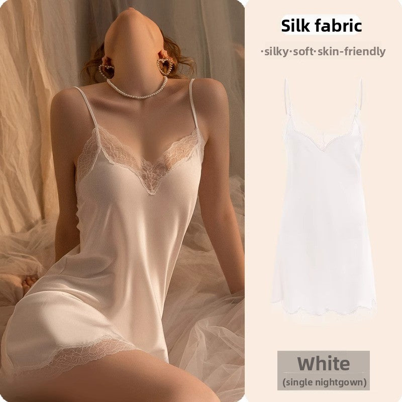 Womens Lace Trim Ice Silk Sleepwear Nightdress