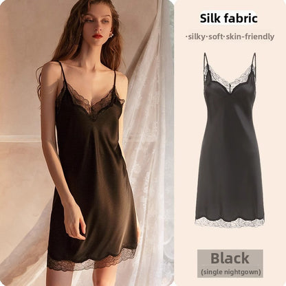 Womens Lace Trim Ice Silk Sleepwear Nightdress
