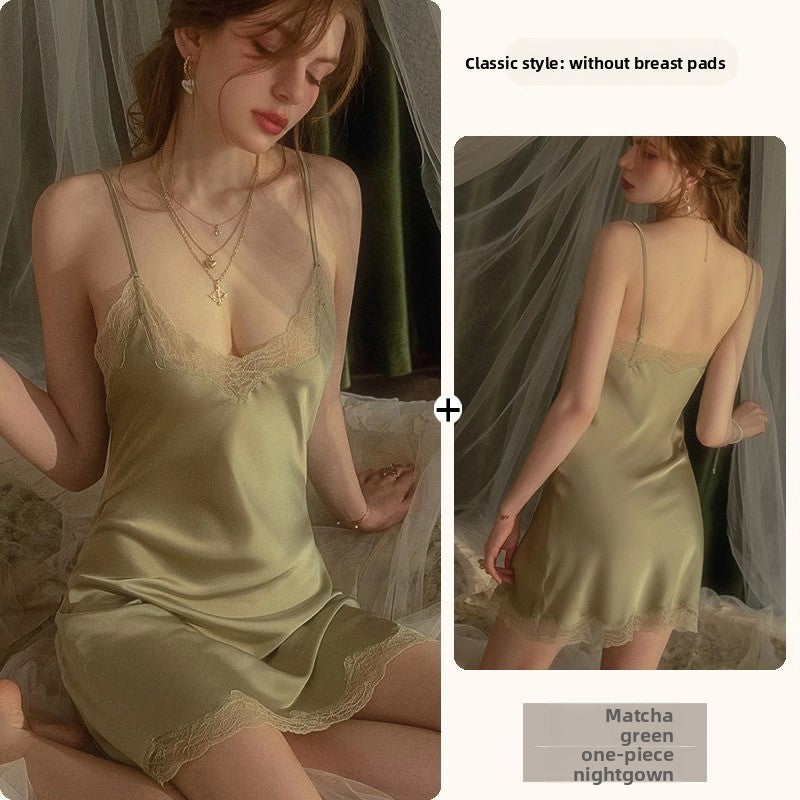 Womens Lace Trim Ice Silk Sleepwear Nightdress