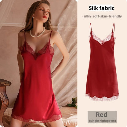 Womens Lace Trim Ice Silk Sleepwear Nightdress