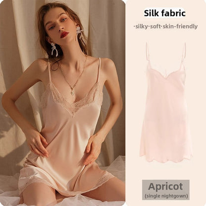 Womens Lace Trim Ice Silk Sleepwear Nightdress