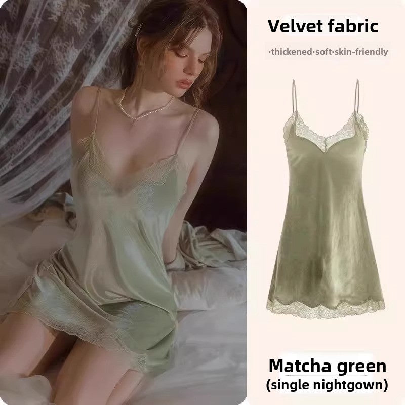 Womens Lace Trim Ice Silk Sleepwear Nightdress