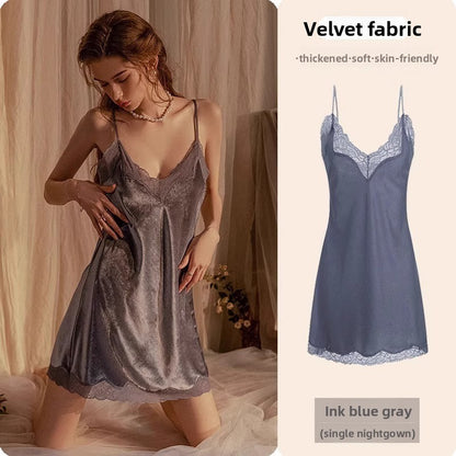 Womens Lace Trim Ice Silk Sleepwear Nightdress