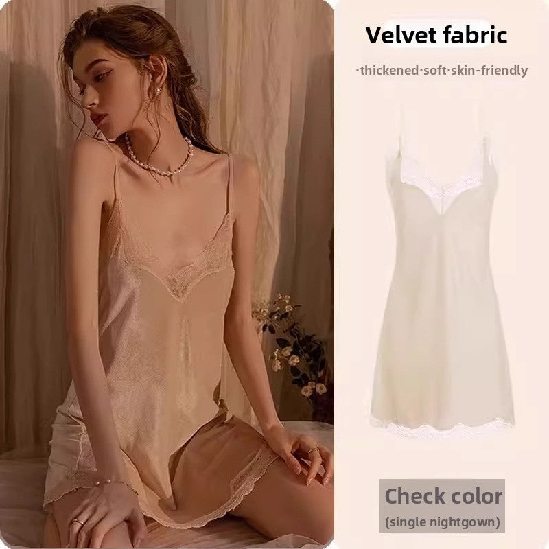 Womens Lace Trim Ice Silk Sleepwear Nightdress