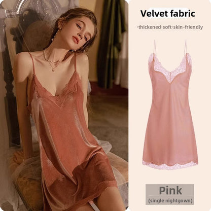 Womens Lace Trim Ice Silk Sleepwear Nightdress