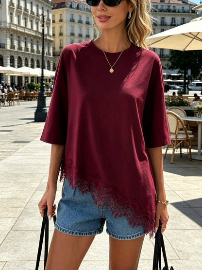 Womens Lace Trim Round Neck T-Shirt