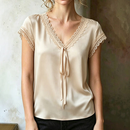 Womens Lace Trim V-Neck Blouse