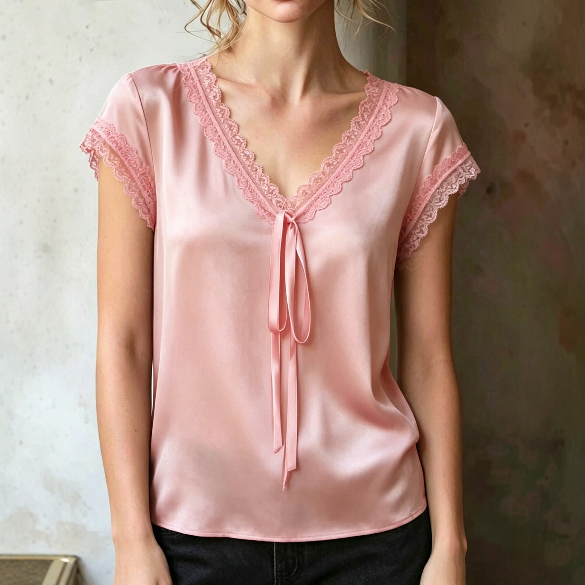 Womens Lace Trim V-Neck Blouse