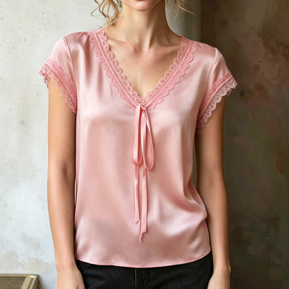 Womens Lace Trim V-Neck Blouse