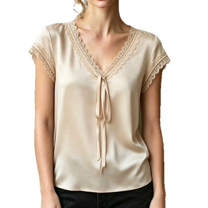 Womens Lace Trim V-Neck Blouse