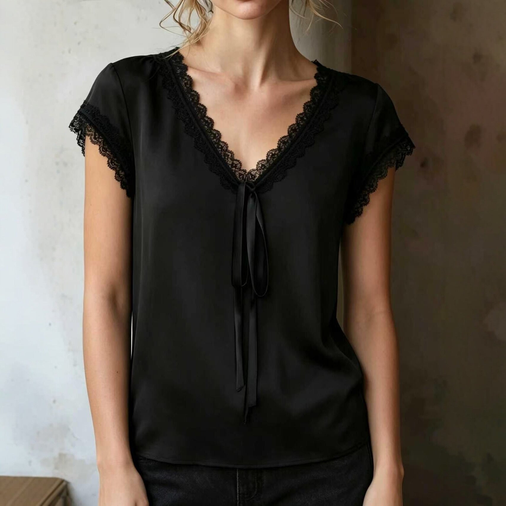 Womens Lace Trim V-Neck Blouse
