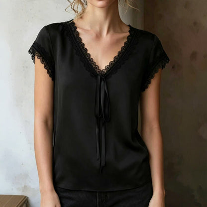 Womens Lace Trim V-Neck Blouse