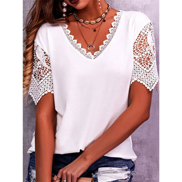 Womens Lace Trim V-Neck Short Sleeve T-Shirt