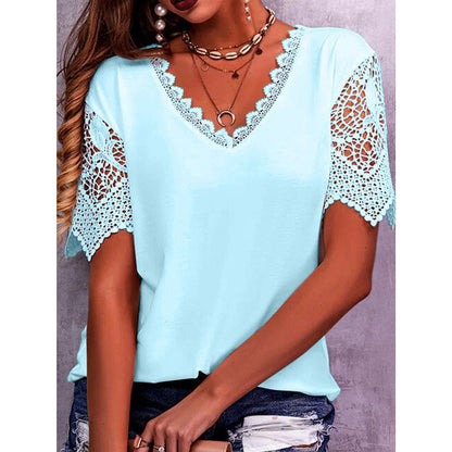 Womens Lace Trim V-Neck Short Sleeve T-Shirt