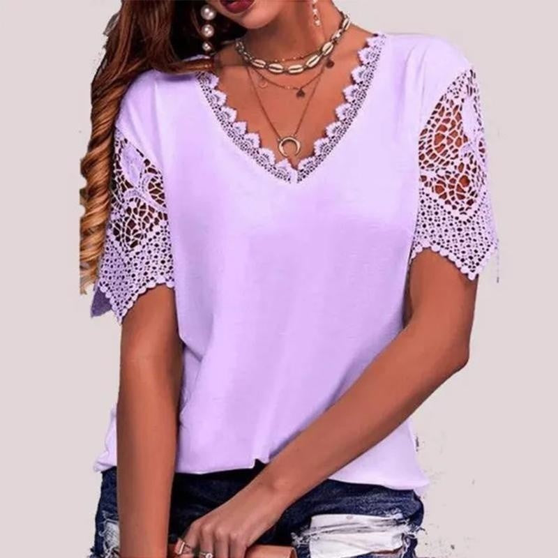 Womens Lace Trim V-Neck Short Sleeve T-Shirt