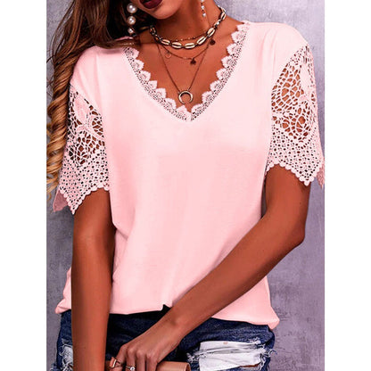Womens Lace Trim V-Neck Short Sleeve T-Shirt