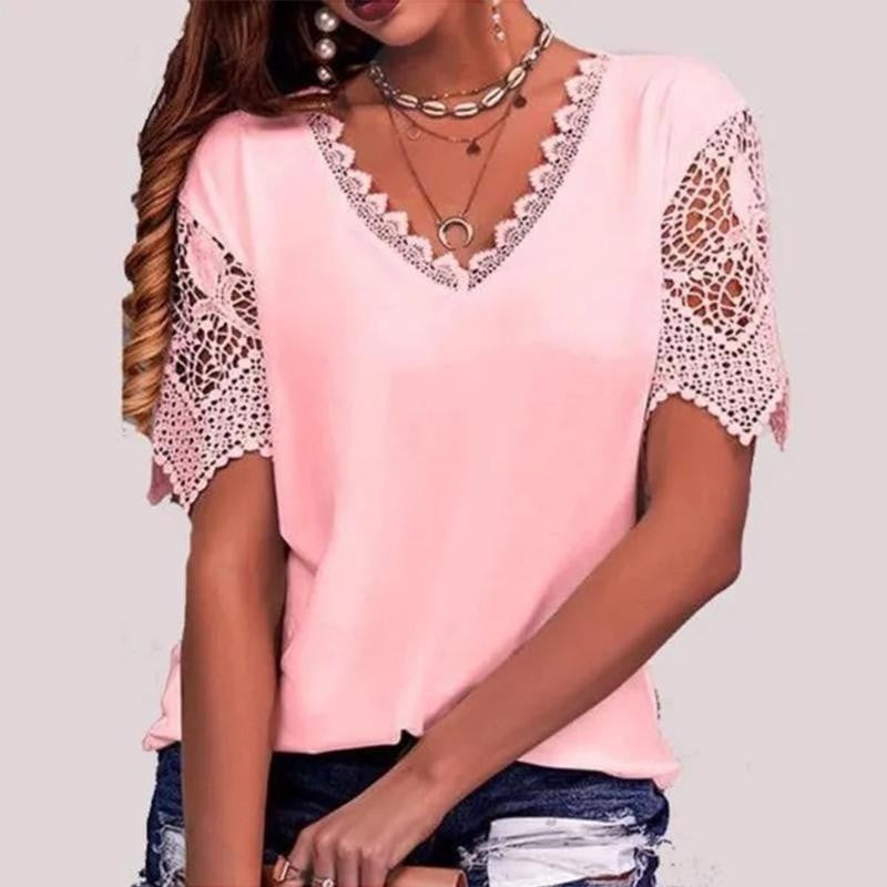 Womens Lace Trim V-Neck Short Sleeve T-Shirt