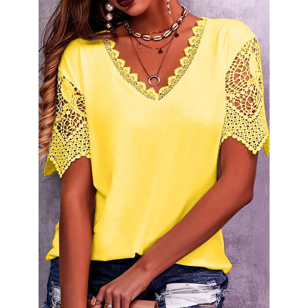 Womens Lace Trim V-Neck Short Sleeve T-Shirt