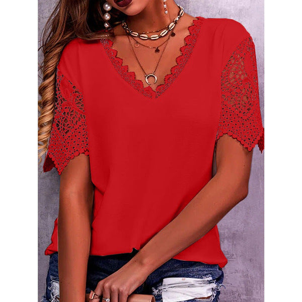 Womens Lace Trim V-Neck Short Sleeve T-Shirt