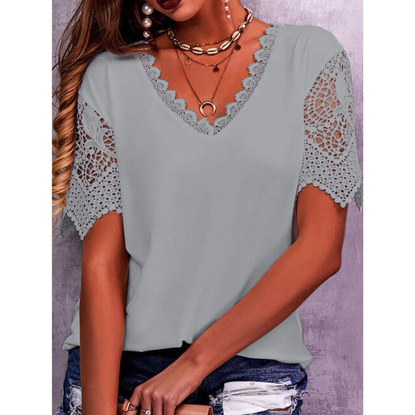 Womens Lace Trim V-Neck Short Sleeve T-Shirt