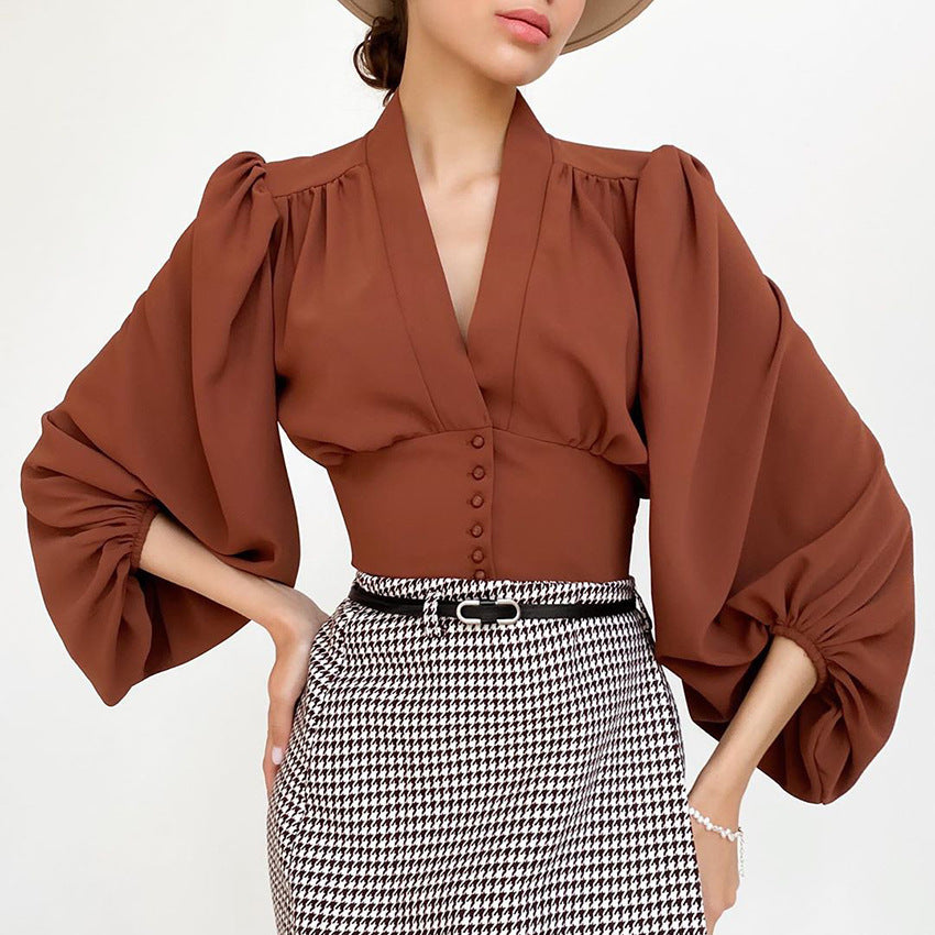Womens Lantern Sleeve V-Neck Blouse
