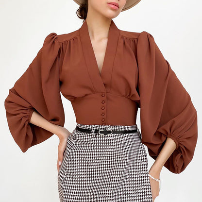 Womens Lantern Sleeve V-Neck Blouse