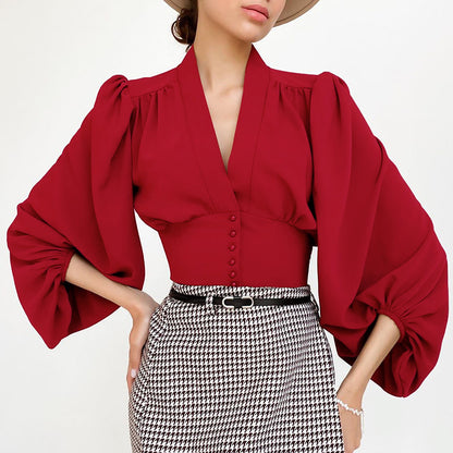 Womens Lantern Sleeve V-Neck Blouse