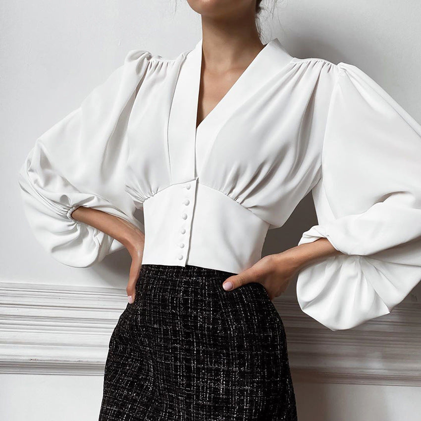 Womens Lantern Sleeve V-Neck Blouse