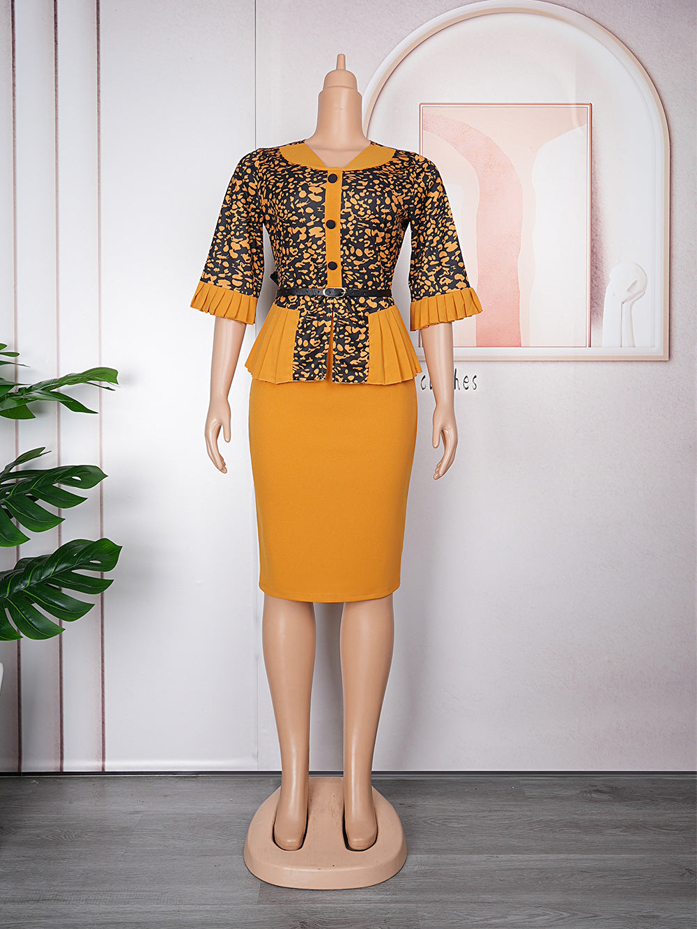 Womens Large Size Fake Two Piece Printed Dress V Neck Pleated Sleeve A Line Dress