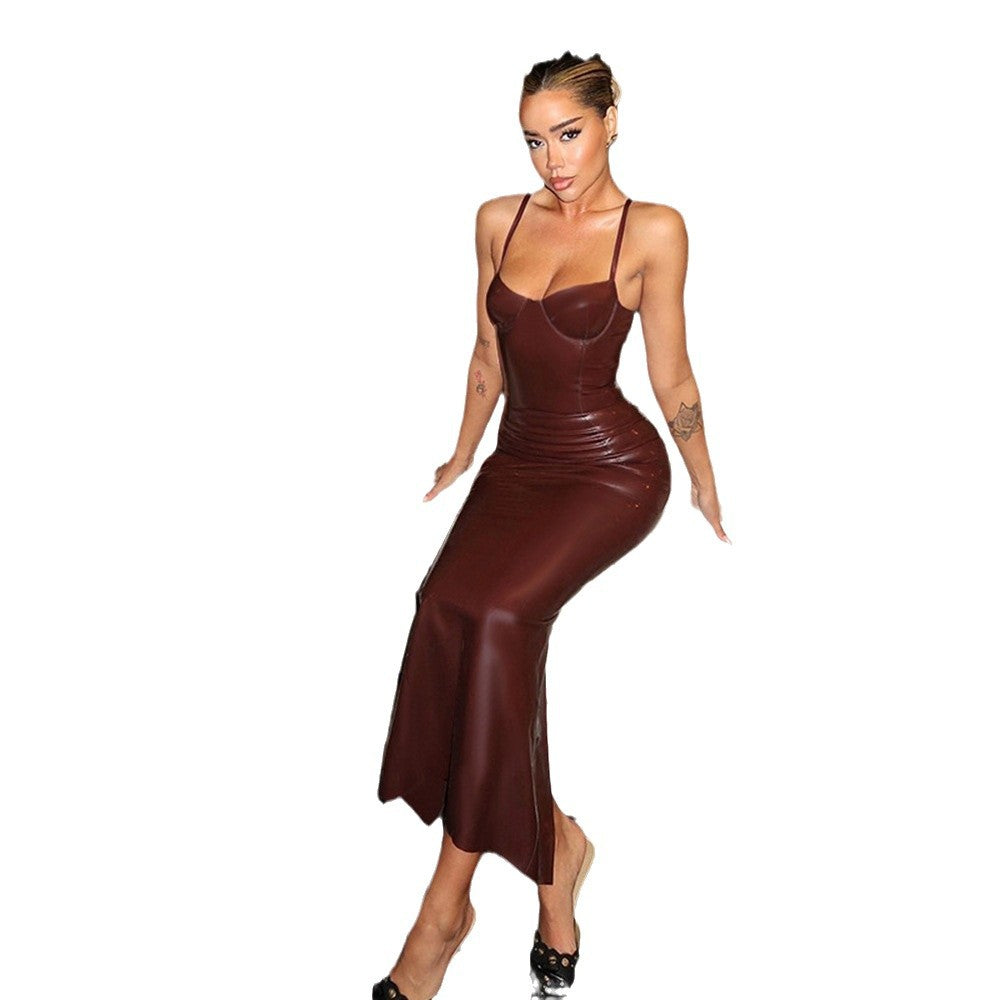 Womens Leather Spliced Bodycon Dress