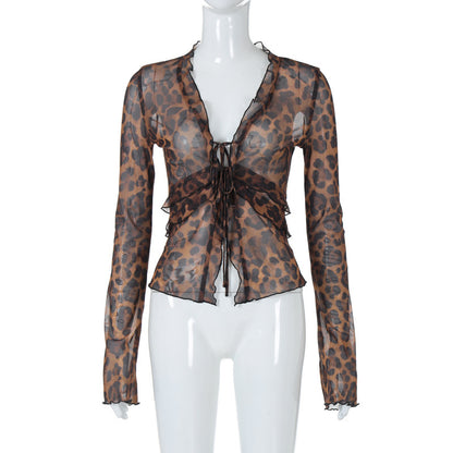Womens Leopard Print Mesh Lace-Up T-Shirt