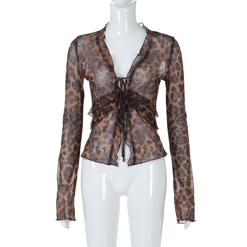 Womens Leopard Print Mesh Lace-Up T-Shirt