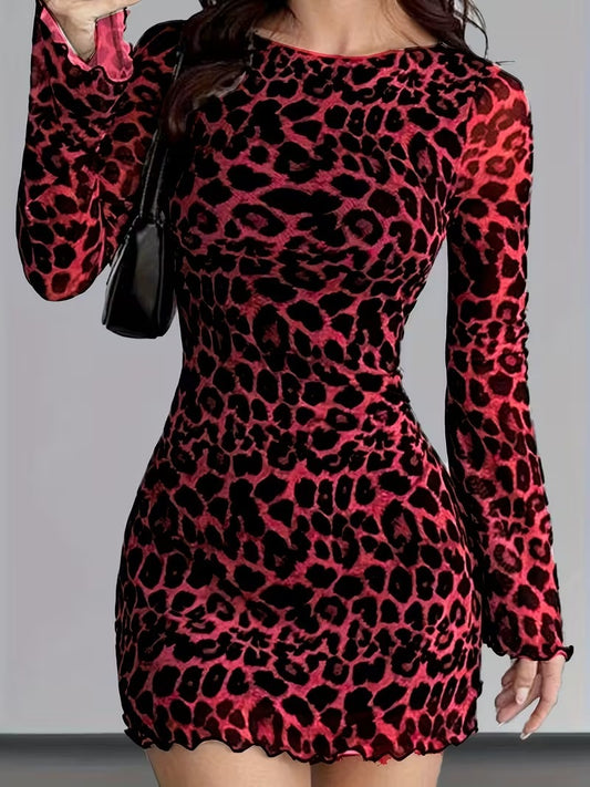 Womens Leopard Print Mesh Splicing Dress