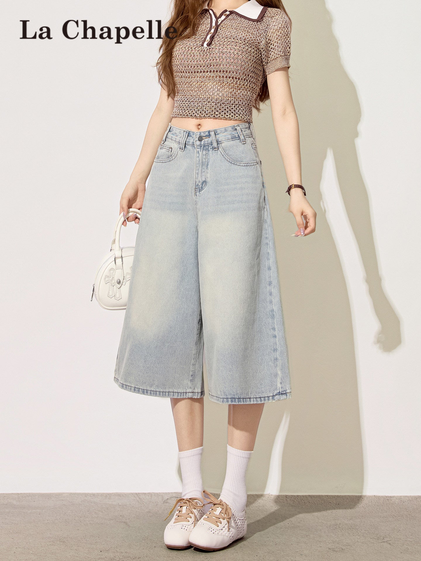 Womens Light Blue High-Waisted Cropped Denim Shorts