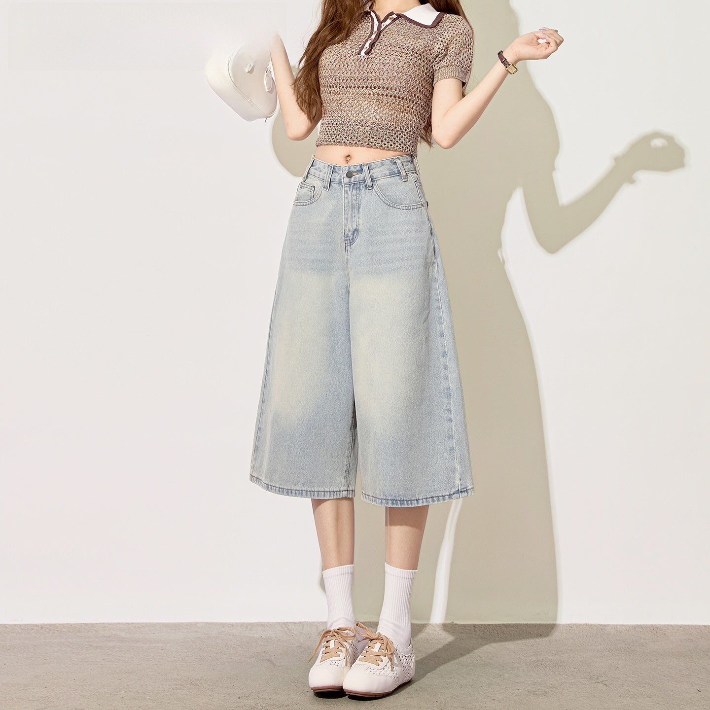 Womens Light Blue High-Waisted Cropped Denim Shorts