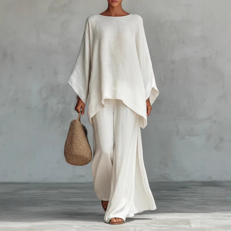 Womens Linen Blend Shirt and Wide-Leg Pants Set