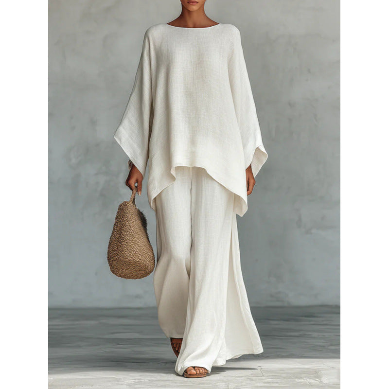 Womens Linen Blend Shirt and Wide-Leg Pants Set