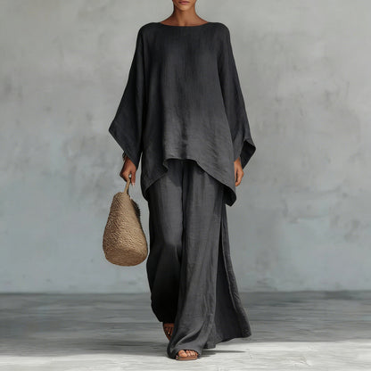 Womens Linen Blend Shirt and Wide-Leg Pants Set