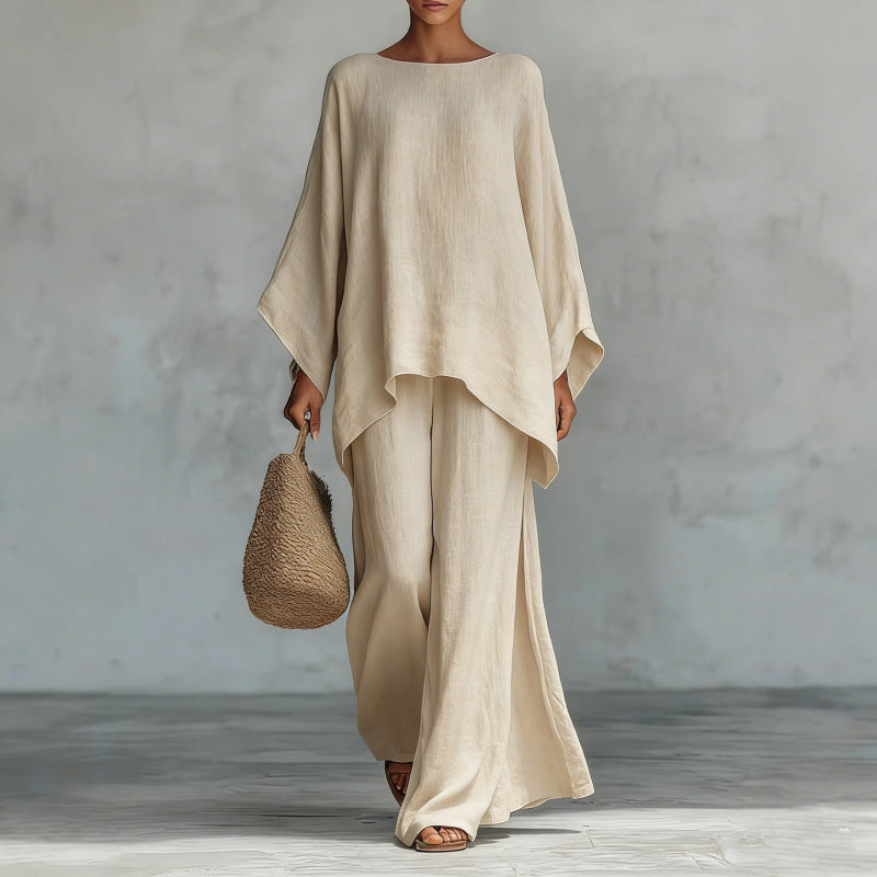 Womens Linen Blend Shirt and Wide-Leg Pants Set
