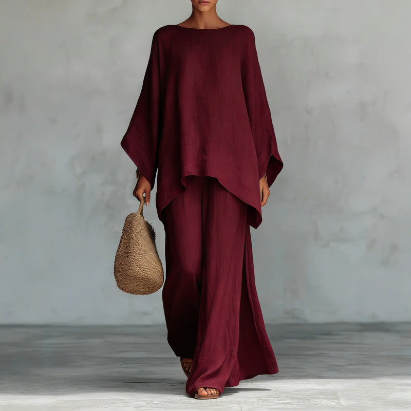 Womens Linen Blend Shirt and Wide-Leg Pants Set