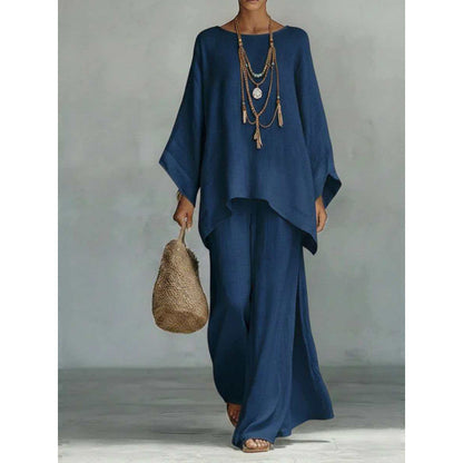Womens Linen Blend Shirt and Wide-Leg Pants Set