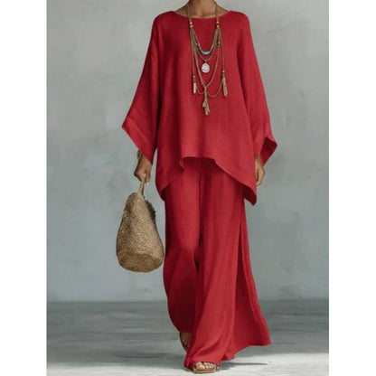 Womens Linen Blend Shirt and Wide-Leg Pants Set