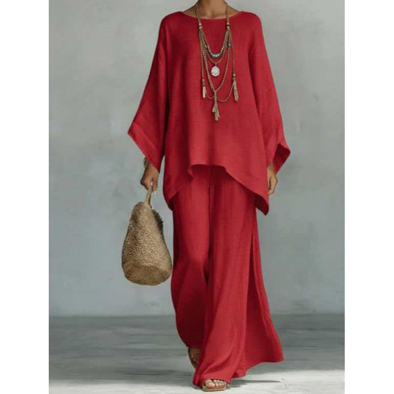 Womens Linen Blend Shirt and Wide-Leg Pants Set
