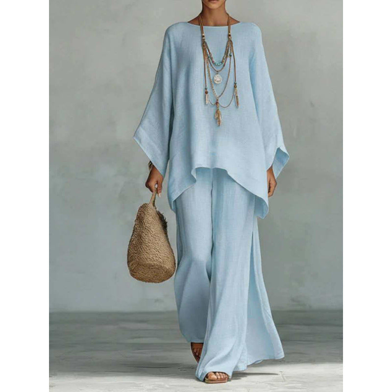 Womens Linen Blend Shirt and Wide-Leg Pants Set